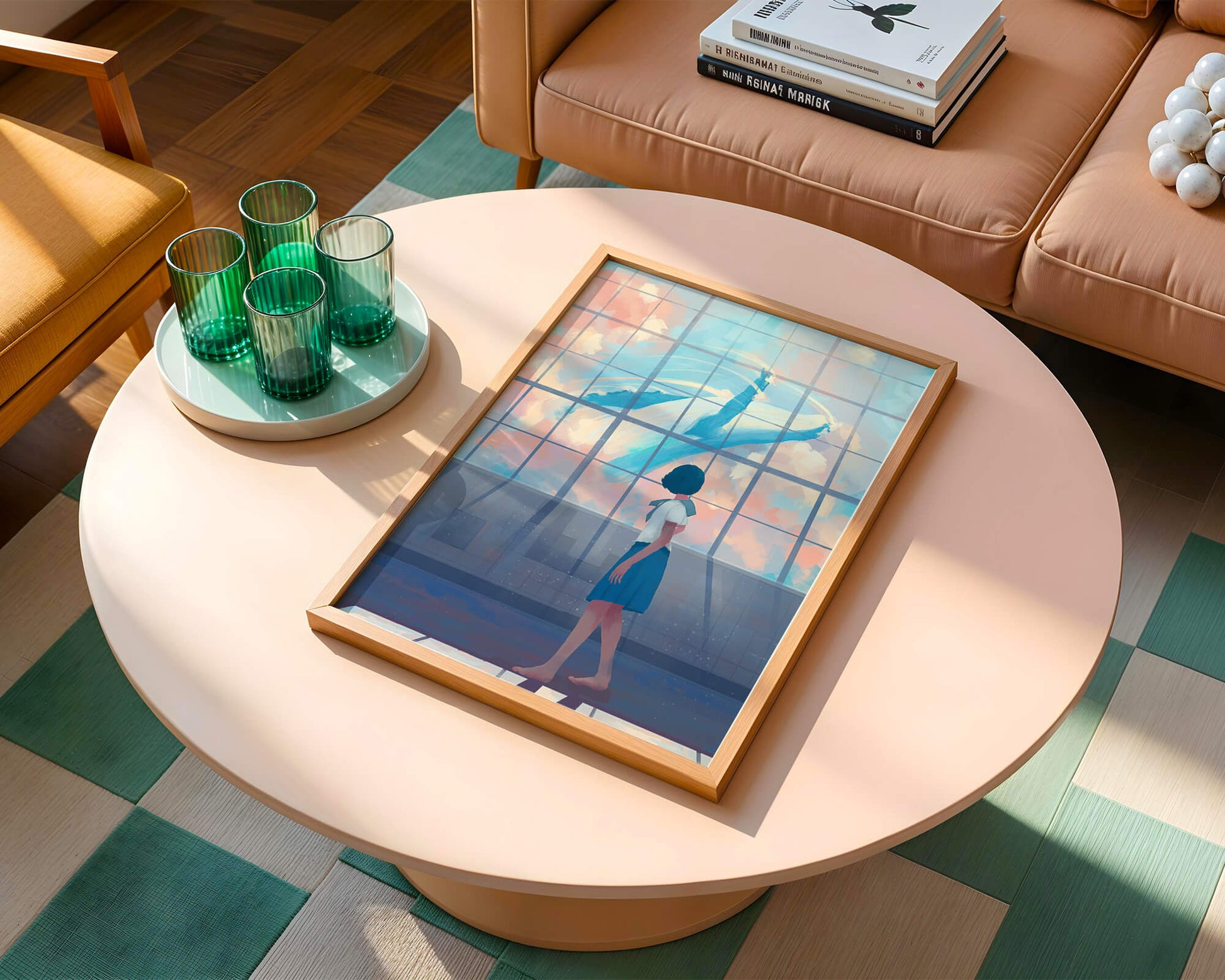 Young girl looking at a giant whale through a large window