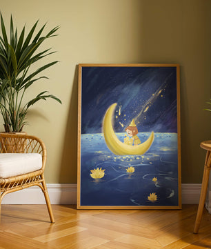 Voyage nocturne magique avec une fille dans un bateau-lune doré