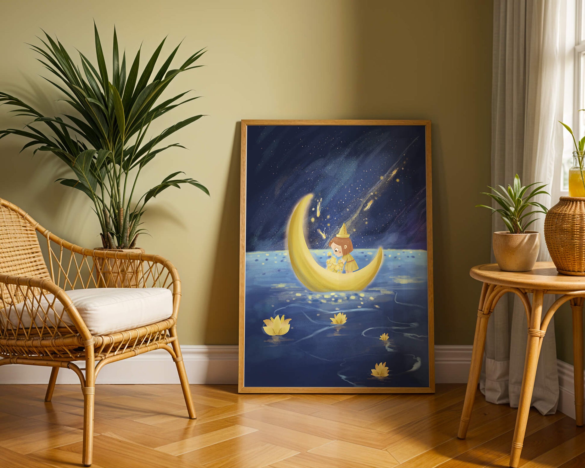Magical Night Journey with Girl in Golden Moon Boat