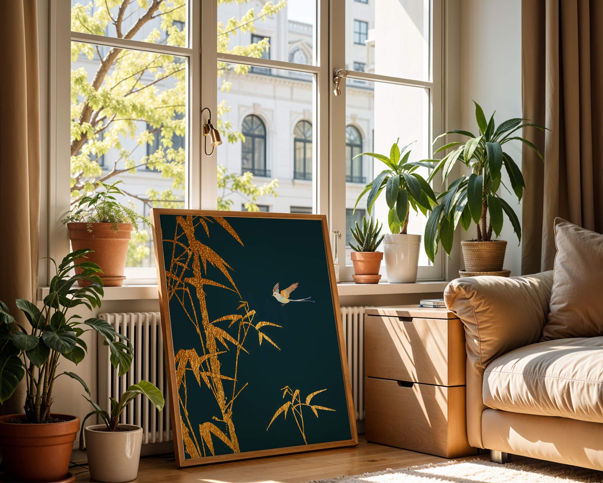 Golden bamboo and bird against a deep blue background