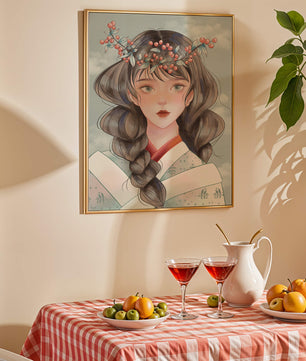 Illustration d'une jeune femme avec une coiffe florale sur fond de ciel nuageux
