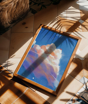 Whimsical illustration of superboy with dreamy cloudscape