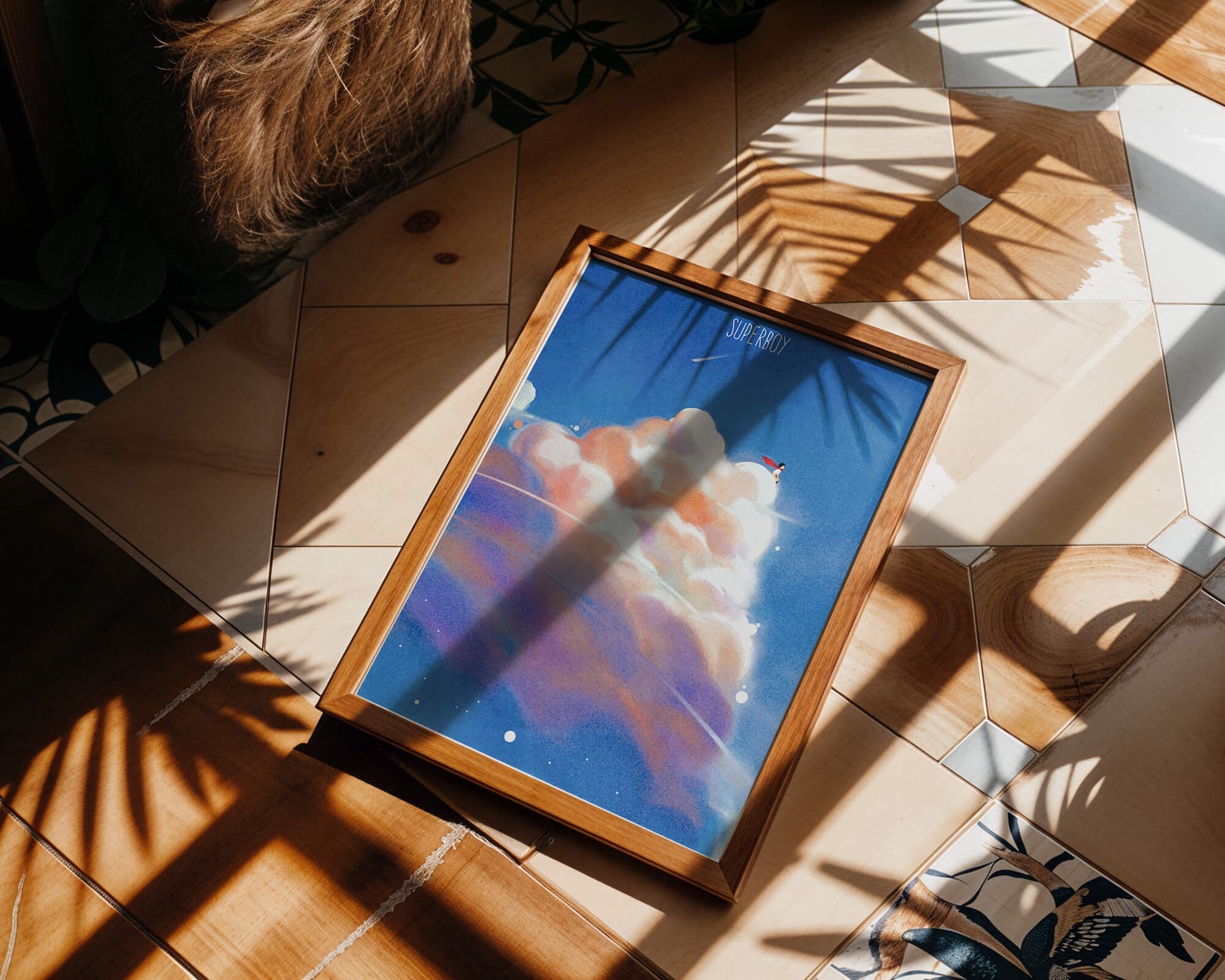 Whimsical illustration of superboy with dreamy cloudscape