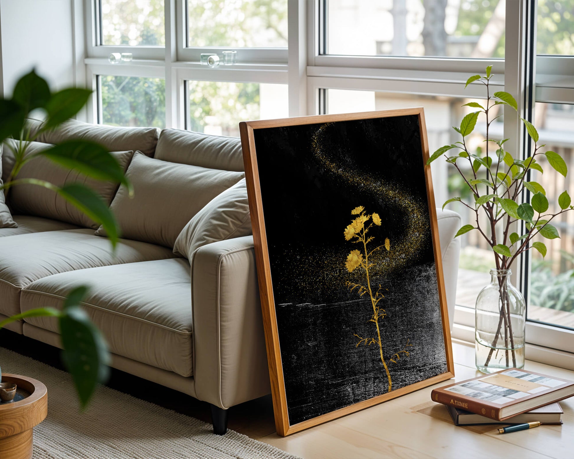 Golden Flowers on Black Background with Sparkling Dust
