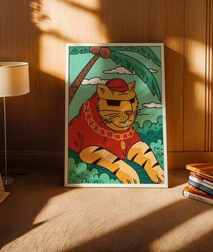 Stylish cartoon tiger lounging under a tropical palm tree with gold accessories
