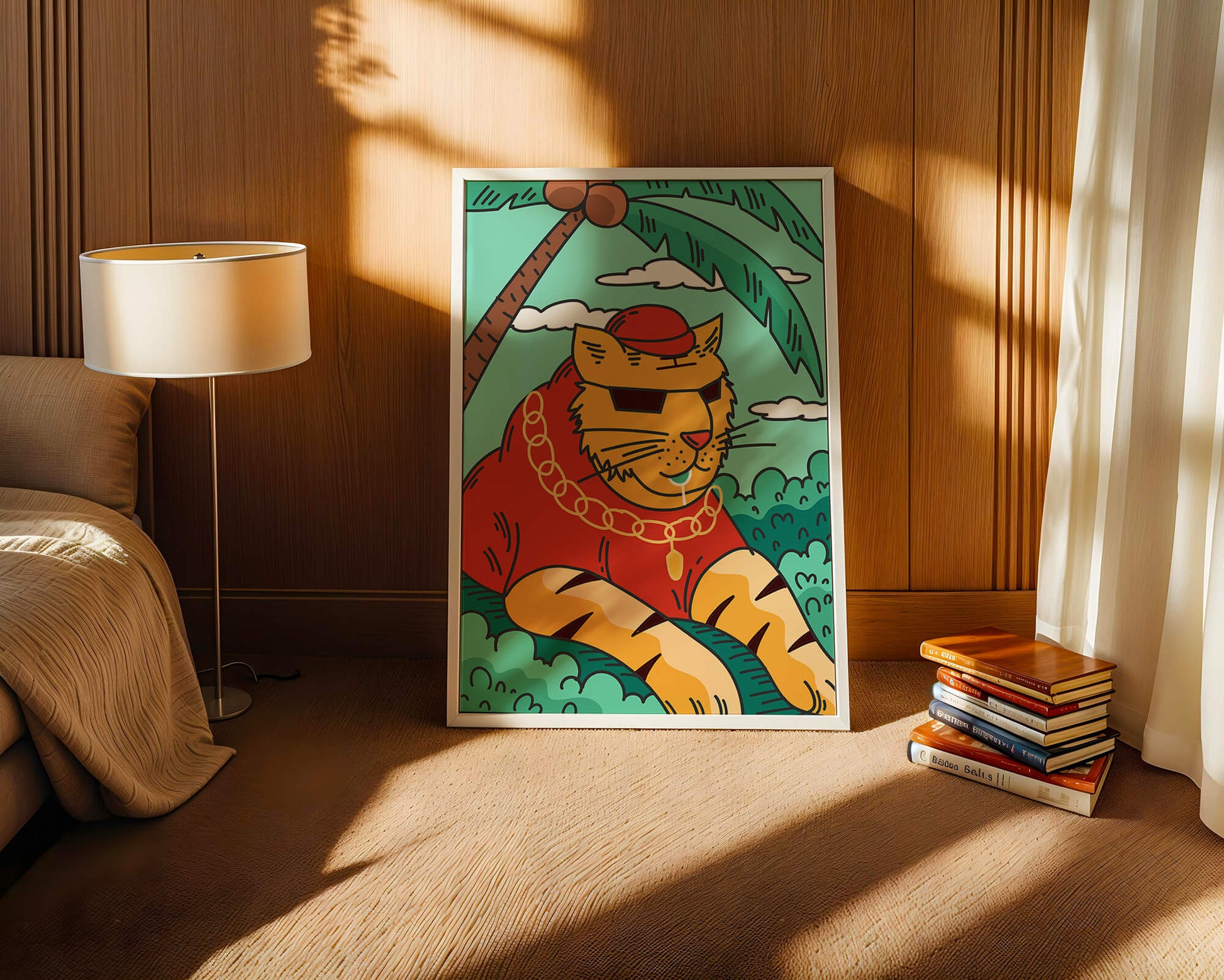 Stylish cartoon tiger lounging under a tropical palm tree with gold accessories