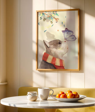 Cat Staring at Butterfly with Floral Elements - Mi tienda