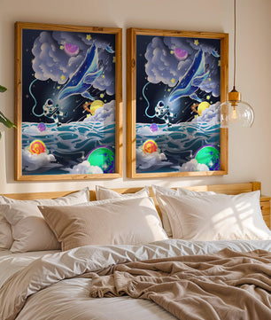 Astronaut Exploring a Surreal Cosmic Ocean with a Glowing Whale