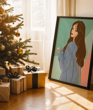 Illustration of woman with long hair and blue jacket