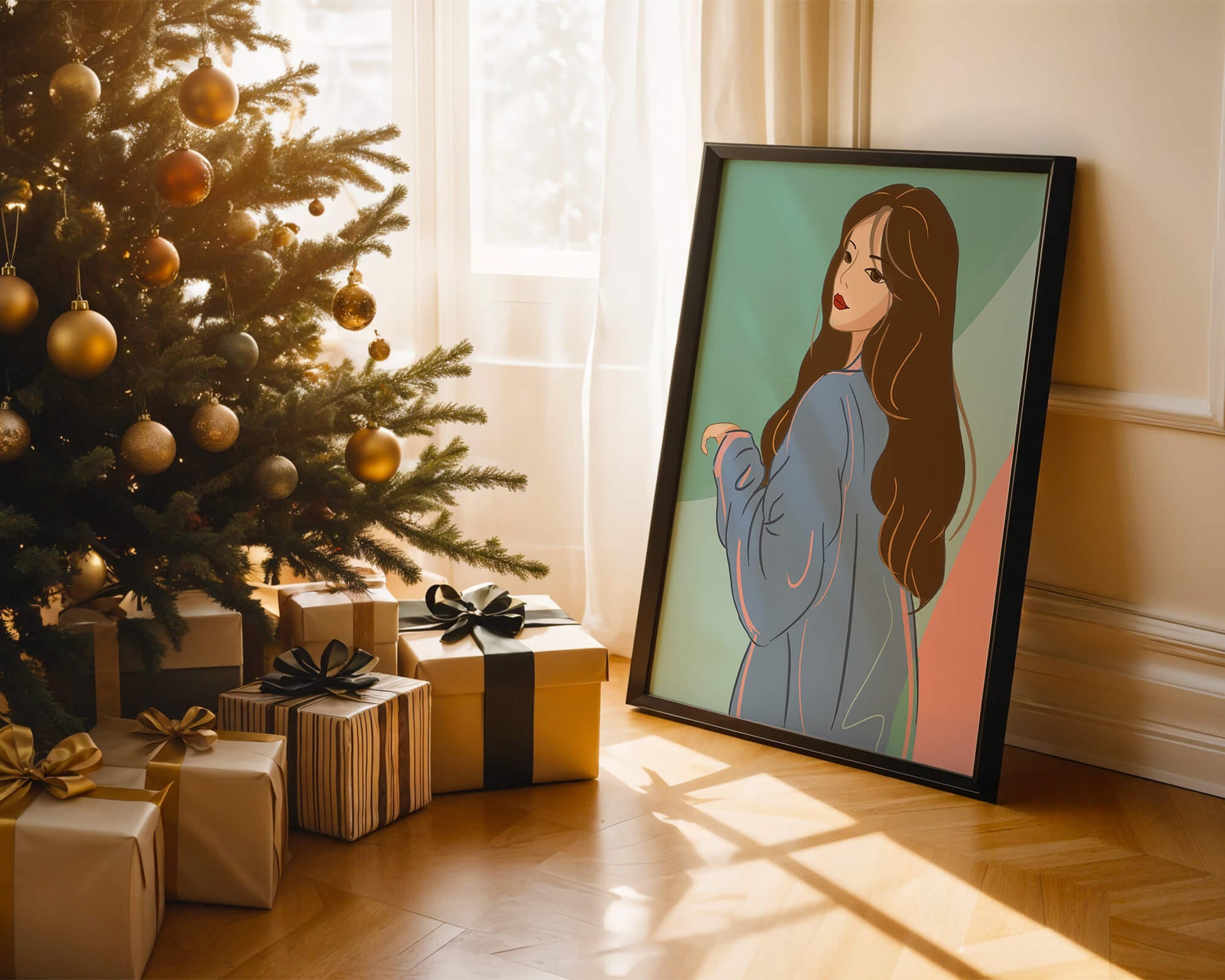Illustration of woman with long hair and blue jacket