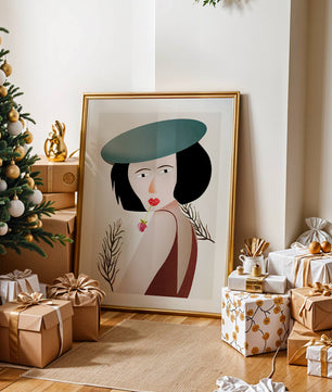 Mujer con sombrero azul y flor en estilo arte moderno