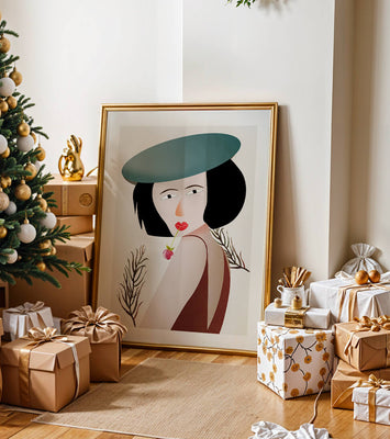 Woman with Blue Hat and Flower in Modern Art Style