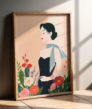 Elegant Woman with Floral Background and Scarf
