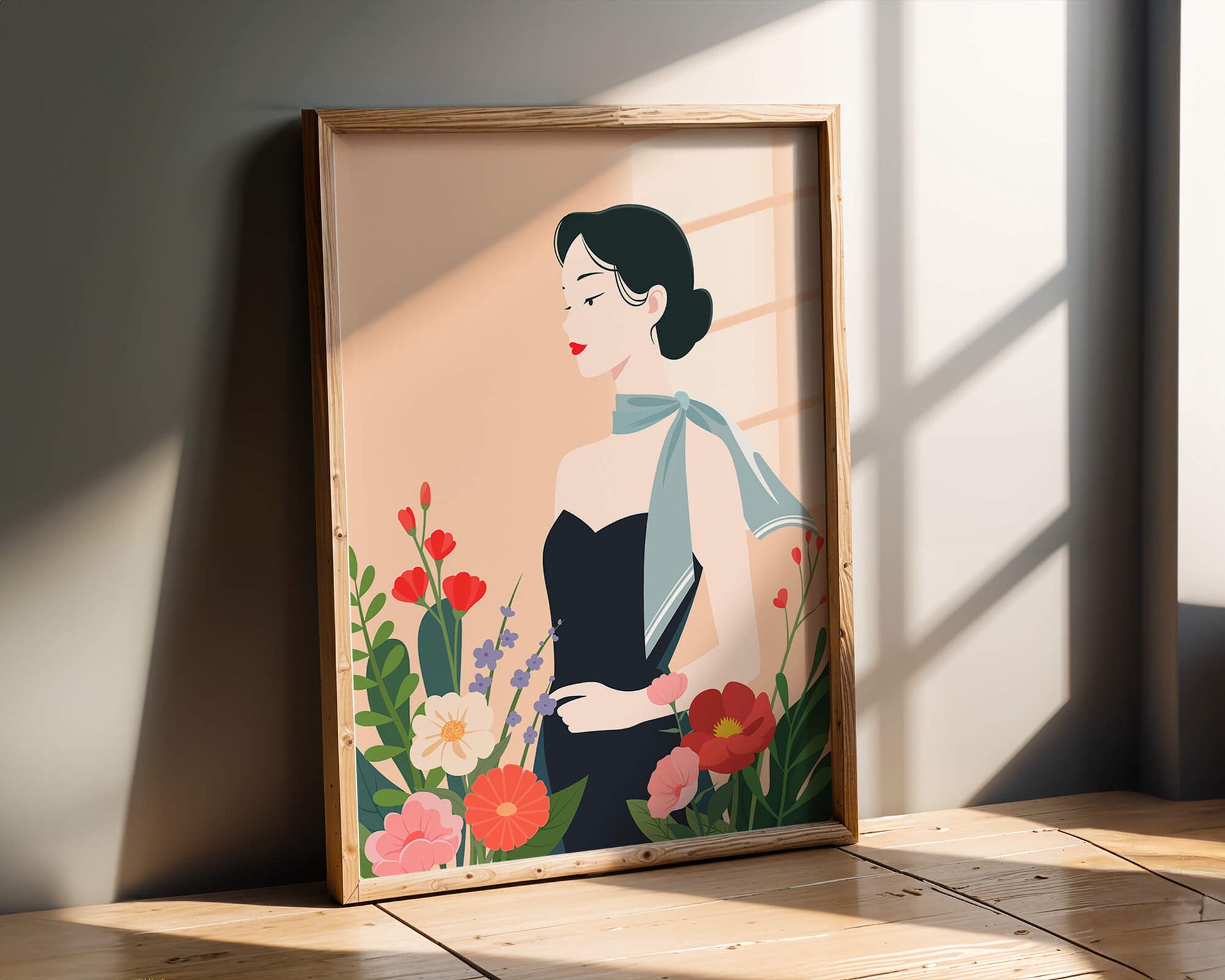 Mujer elegante con fondo floral y bufanda