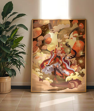 Vibrant fantasy scene with animated character and whimsical creatures