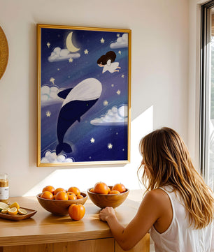 Whimsical night scene with flying angel and whale