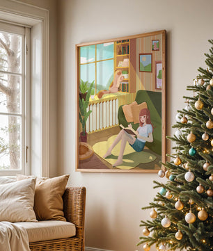 Cozy Living Room with a Reading Girl and Cat by the Window
