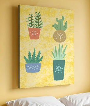 Illustrated potted plants on textured yellow background