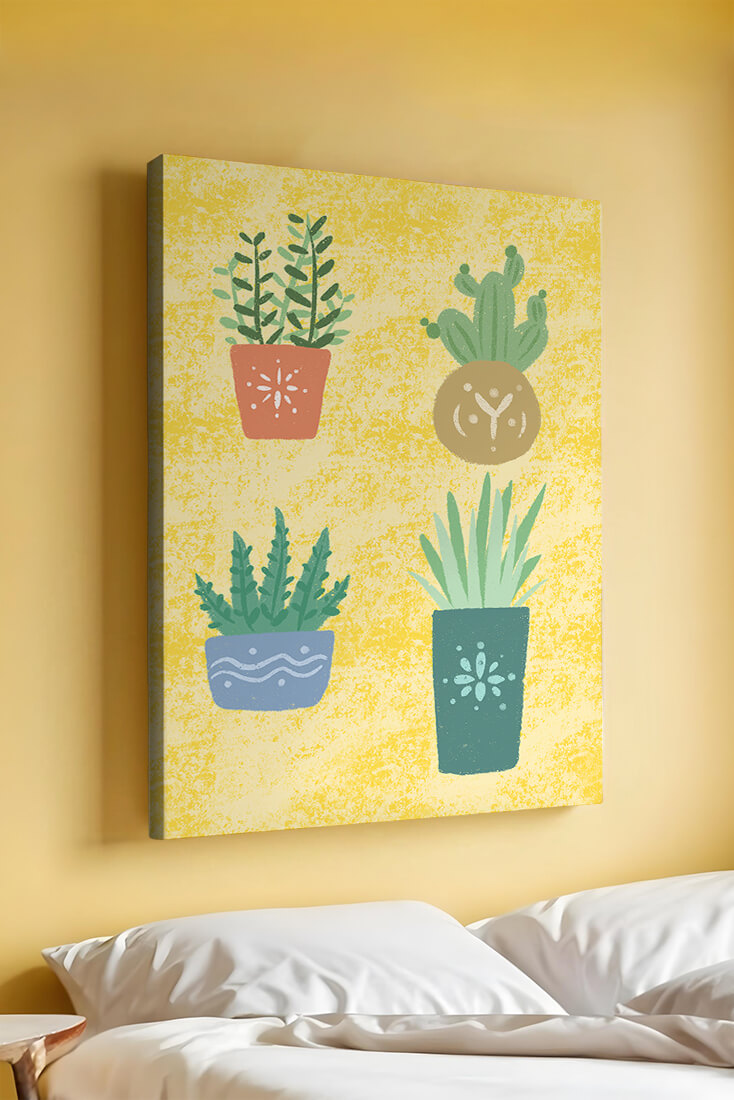 Illustrated potted plants on textured yellow background