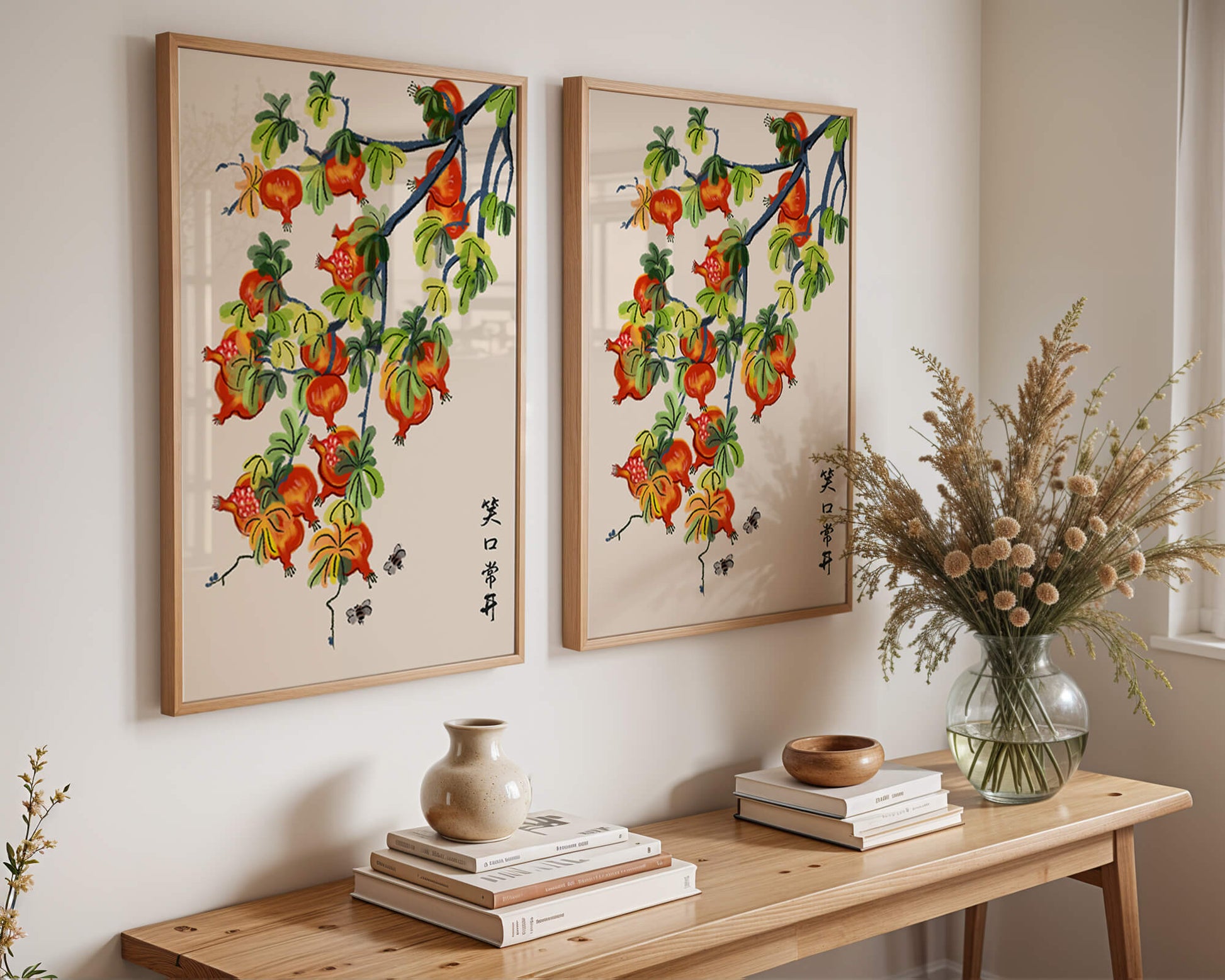 Artistic illustration of vibrant pomegranates on a branch with Asian aesthetic