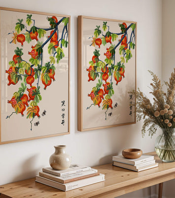 Artistic illustration of vibrant pomegranates on a branch with Asian aesthetic