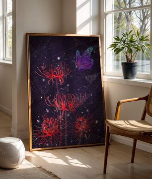 Vivid Night Sky with Red Spider Lilies and Purple Butterfly - Mi tienda