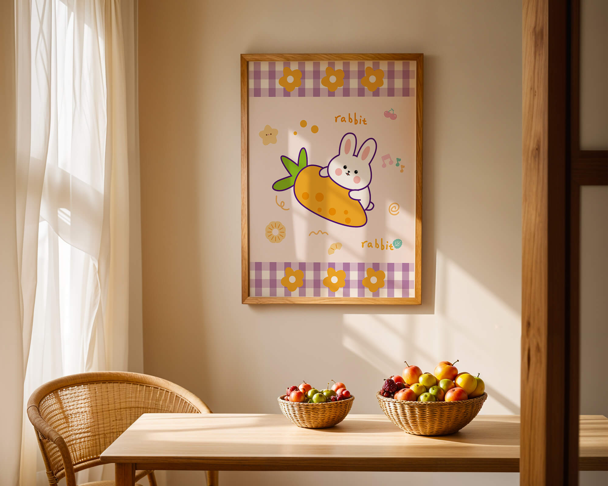 Illustrated cute rabbit with carrot on a colorful background
