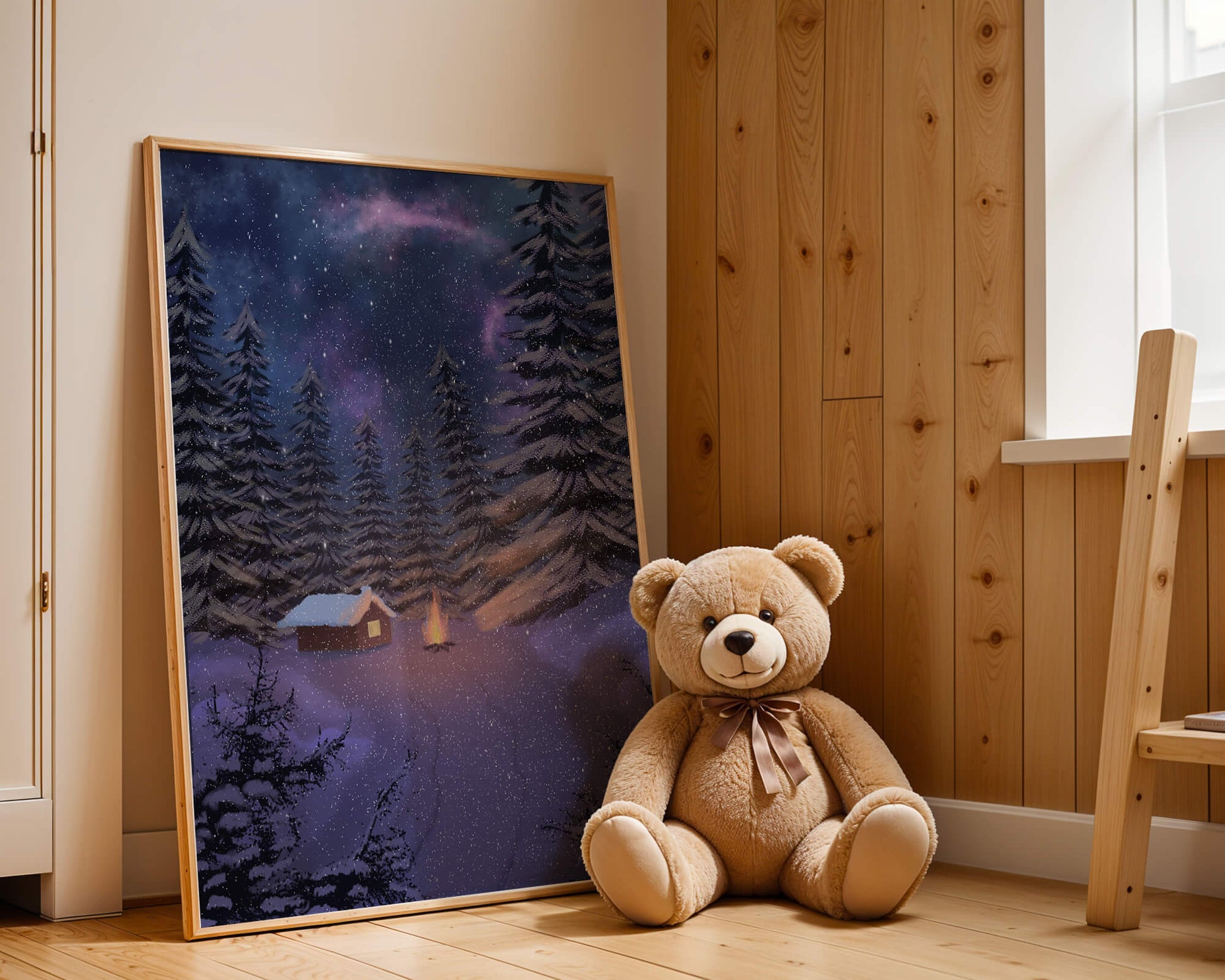 Winter night landscape with snowy cabin and pine forest