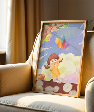 Whimsical illustration of a girl with balloons under vibrant pink blossoms