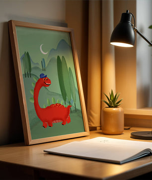 Whimsical red dinosaur in a serene nighttime forest