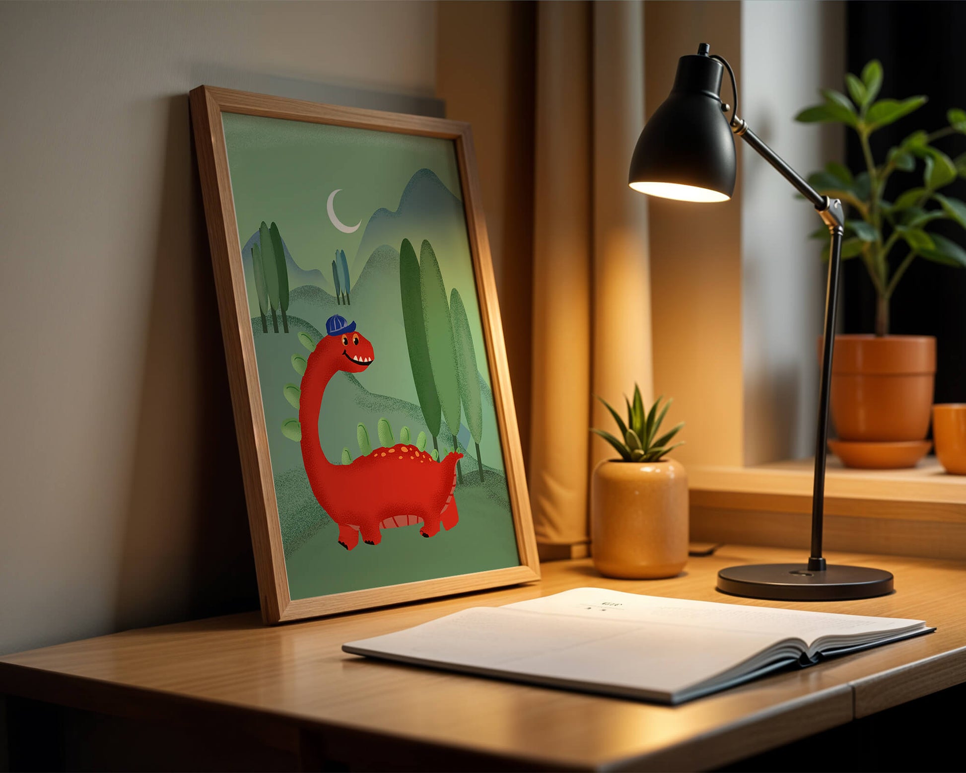 Whimsical red dinosaur in a serene nighttime forest