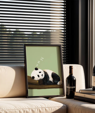 Peaceful panda resting on a log in a serene setting
