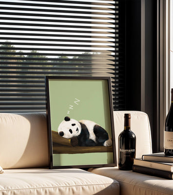 Peaceful panda resting on a log in a serene setting
