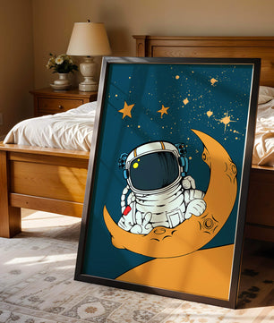 Charming Astronaut Sitting on a Crescent Moon with Stars in Space - Mi tienda