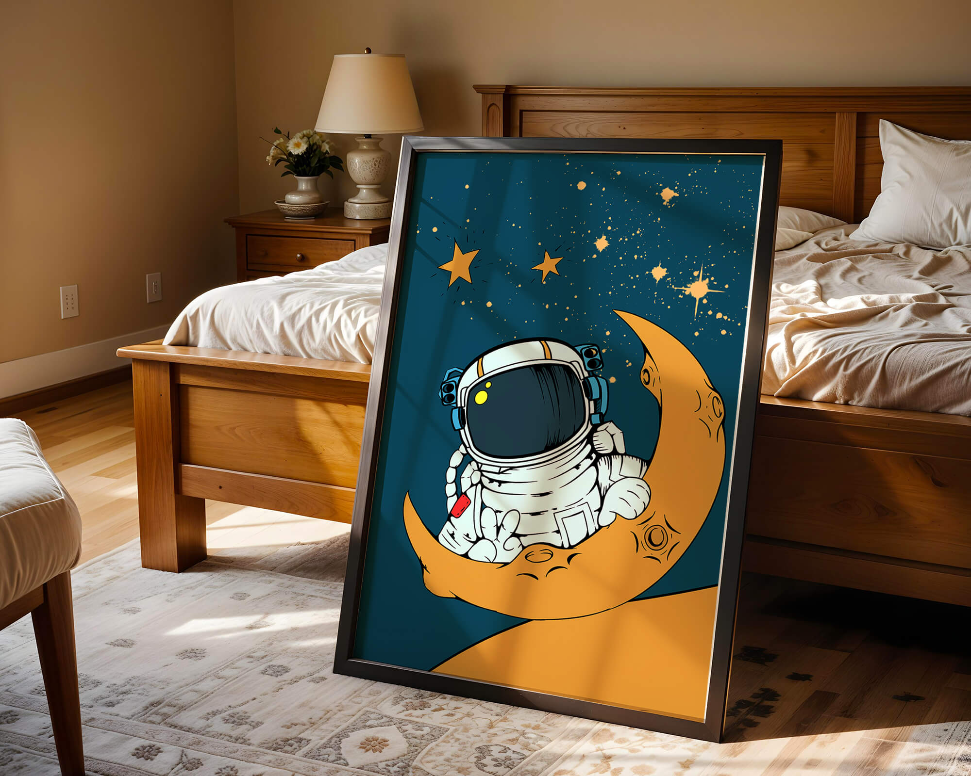 Charming Astronaut Sitting on a Crescent Moon with Stars in Space - Mi tienda
