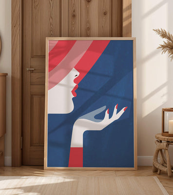 Elegant Woman with Red Hat and Stylized Hand