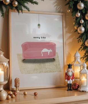Minimalist Interior with Pink Sofa and Relaxed White Cat