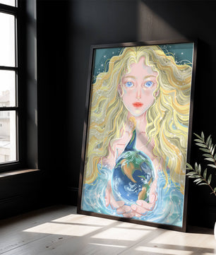 Fantasy artwork of woman holding earth with shimmering details