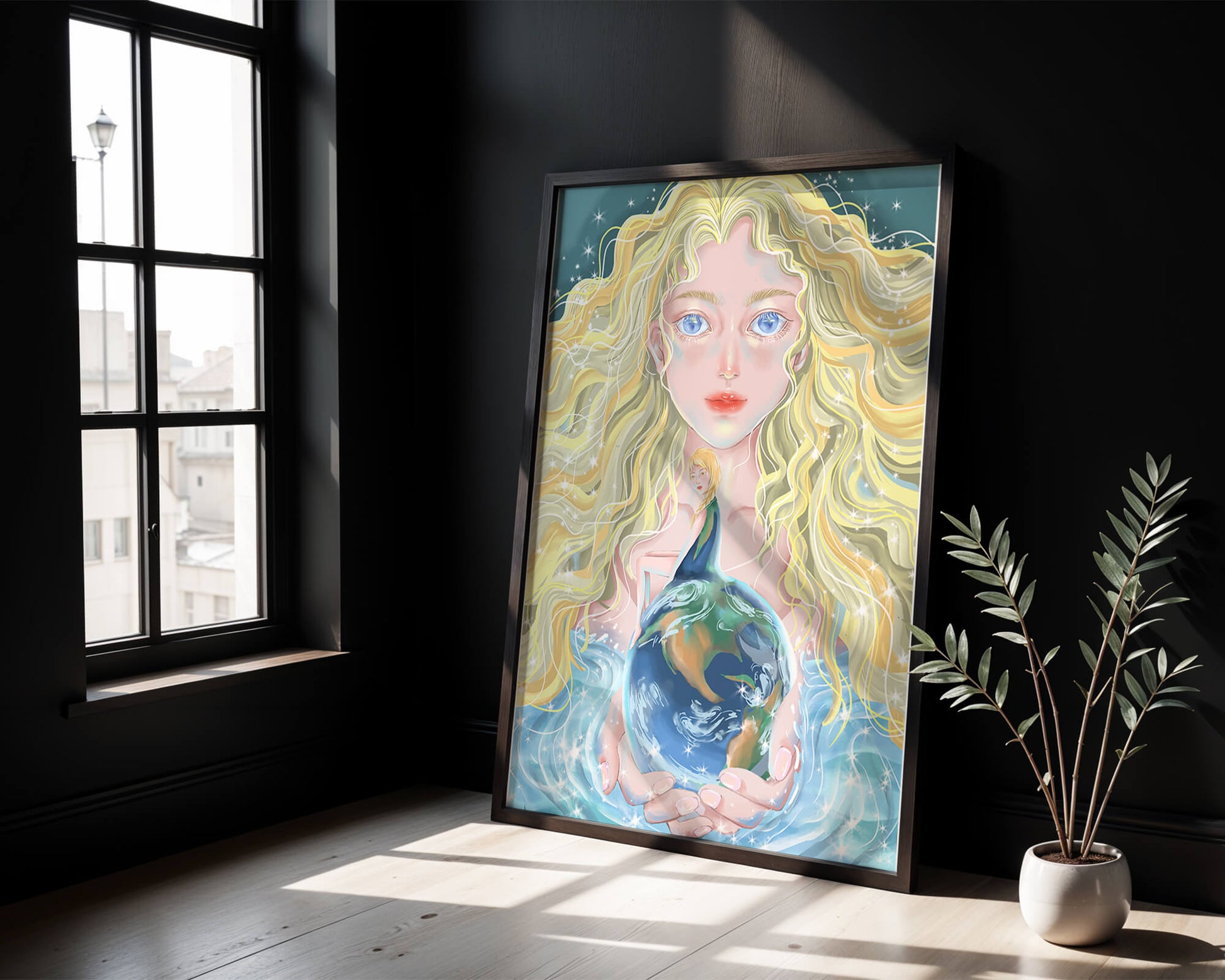 Fantasy artwork of woman holding earth with shimmering details