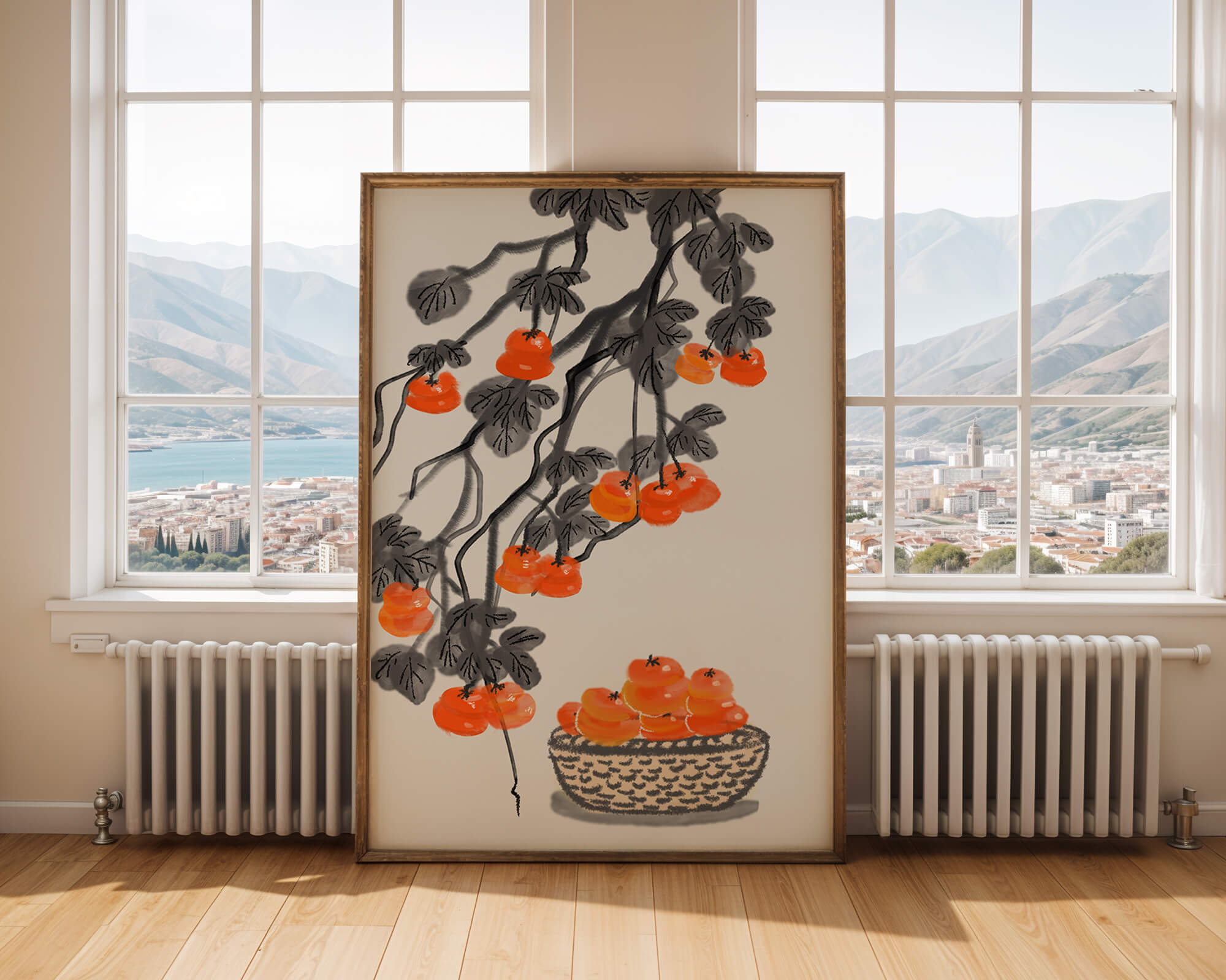 Artistic depiction of hanging persimmons with basket on watercolor canvas
