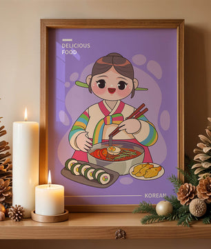 Charming illustration of Korean cuisine with a cheerful character