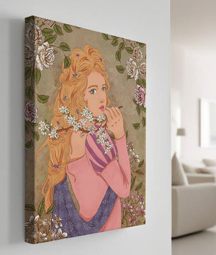 Ilustración floral romántica de una mujer con cabello largo y flores en flor