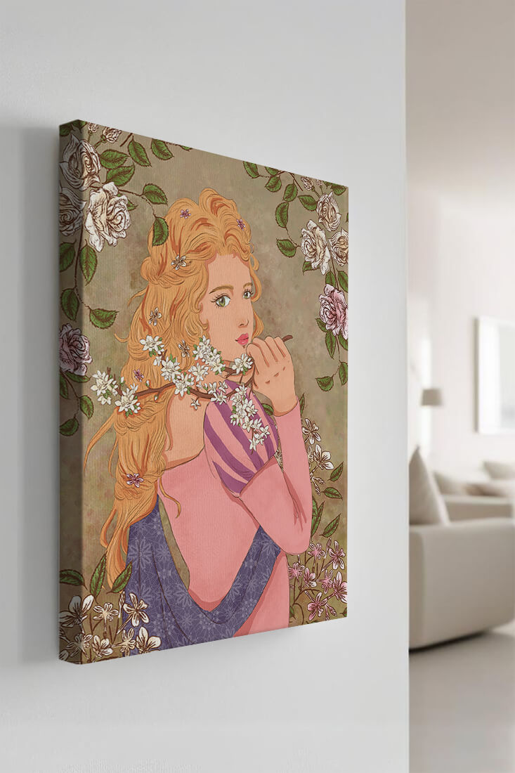 Ilustración floral romántica de una mujer con cabello largo y flores florecientes
