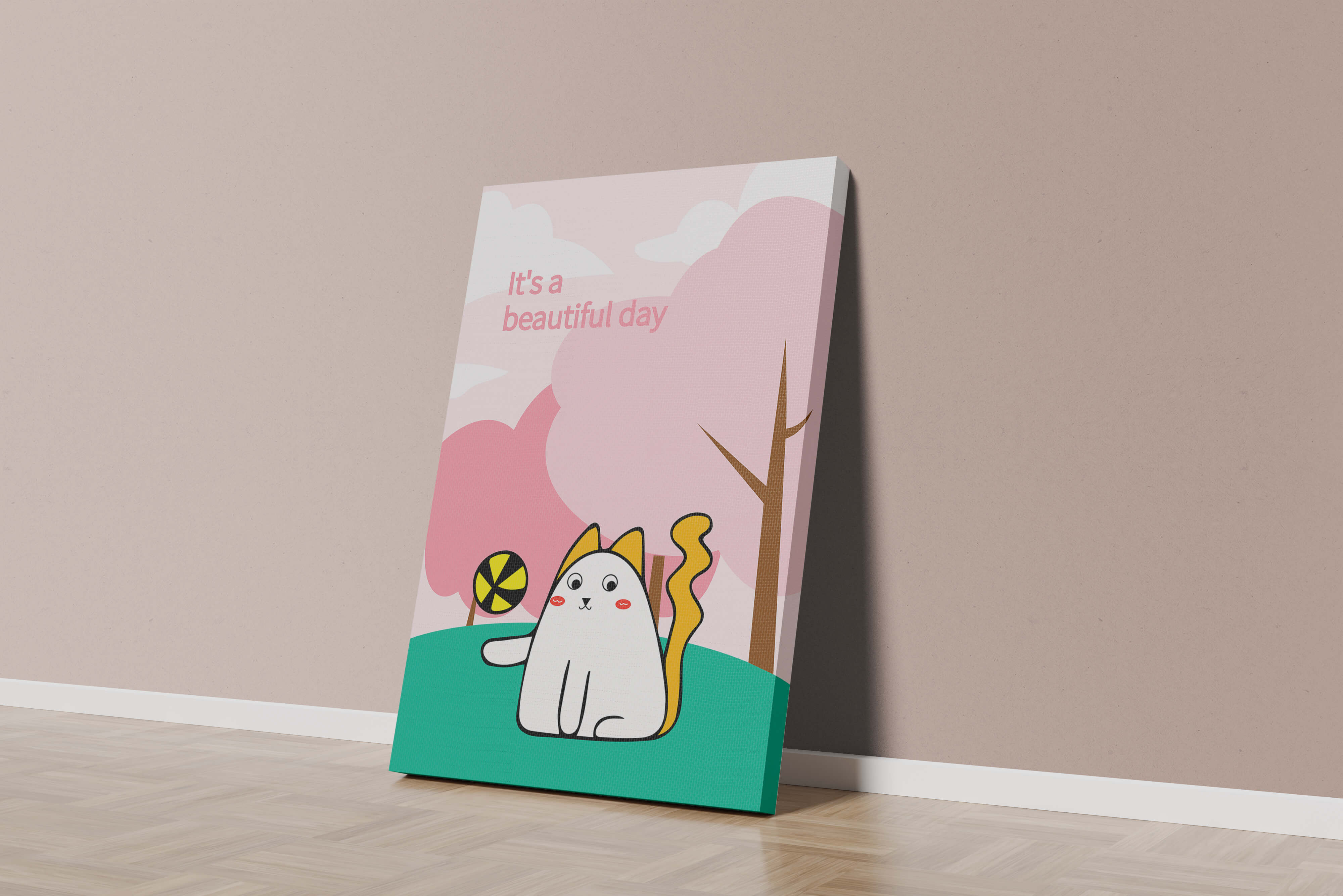 Charming cat illustration in a playful park scene with trees and clouds