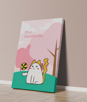Illustration charmante de chat dans une scène de parc ludique avec des arbres et des nuages.