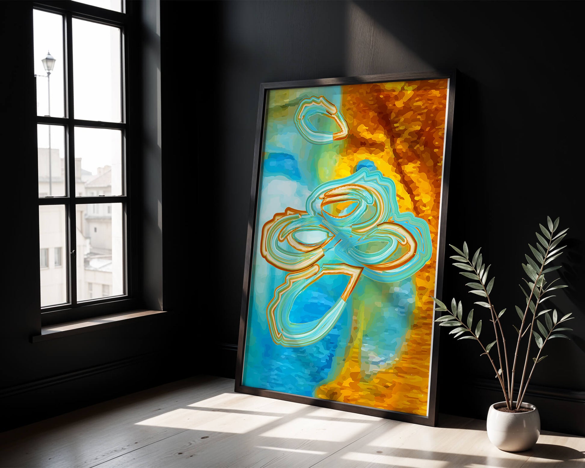 Abstract vibrant swirls in blue and orange colors