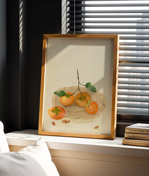 Still Life with Persimmons and Branch on a Neutral Background