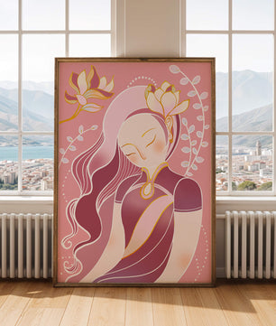 Elegant floral-themed female portrait with golden accents