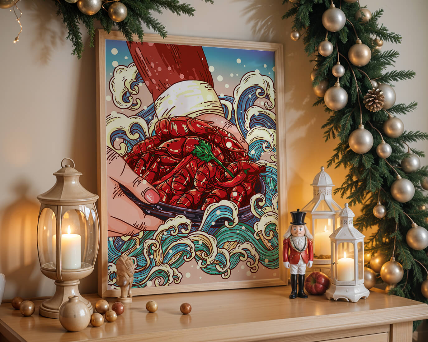 Colorful Cartoon Illustration of Hand Holding Crawfish Over Decorative Waves