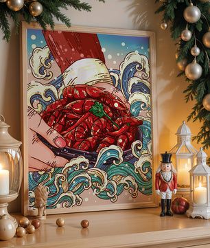 Colorful Cartoon Illustration of Hand Holding Crawfish Over Decorative Waves
